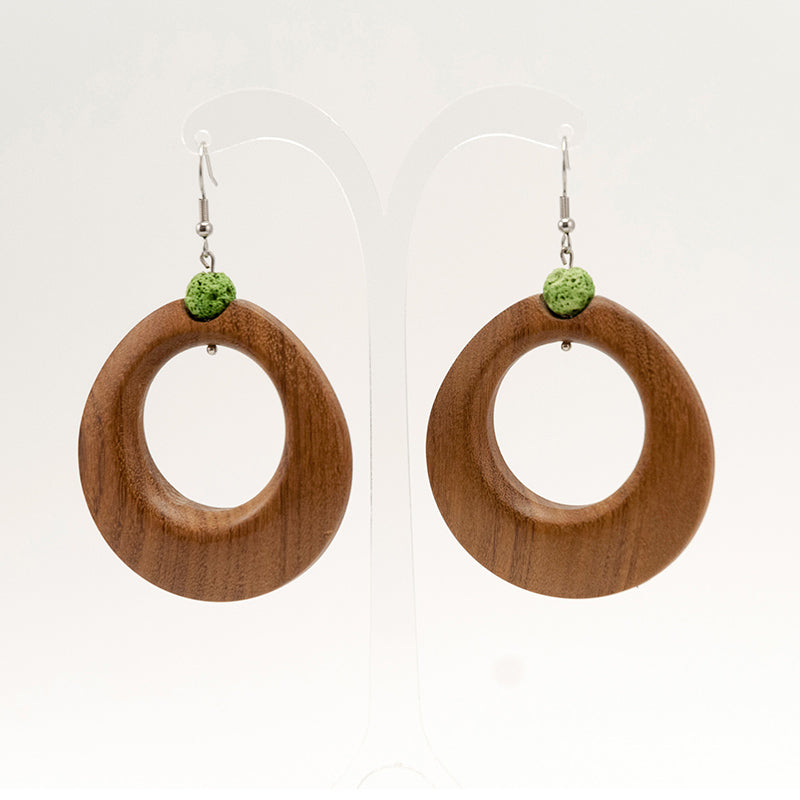 Meera. Doussie Hoop Wooden Earrings with Green lava beads A061-7