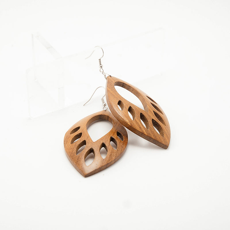 Roxane. Doussie Leaf Wooden Earrings Carved shape nature design A066-1