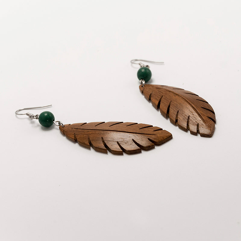 Sara. Iroko Leaf Wooden Earrings with Green beads A068-1