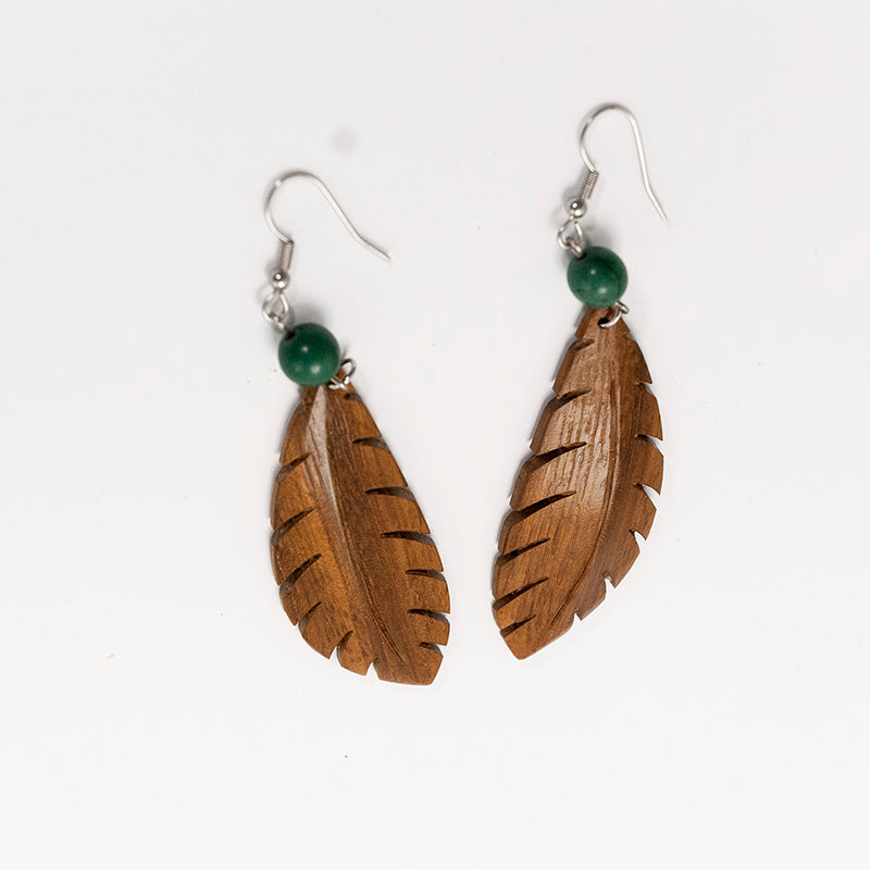Sara. Iroko Leaf Wooden Earrings with Green beads A068-1