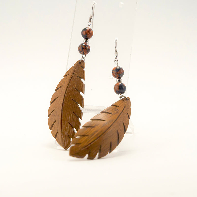 Azuba. Iroko Leaf Wooden Earrings with Brown beads A068-2