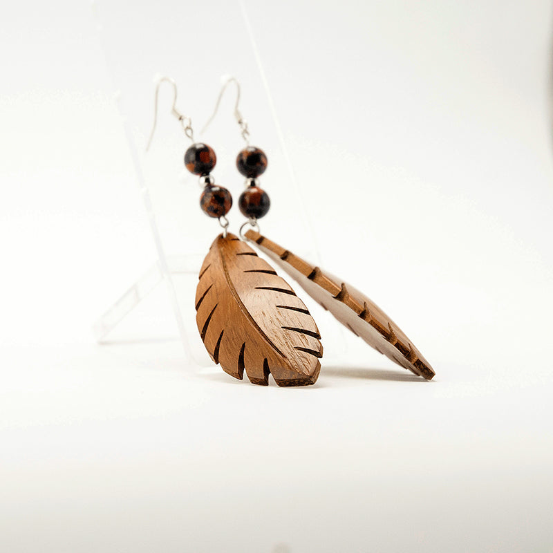 Azuba. Iroko Leaf Wooden Earrings with Brown beads A068-2
