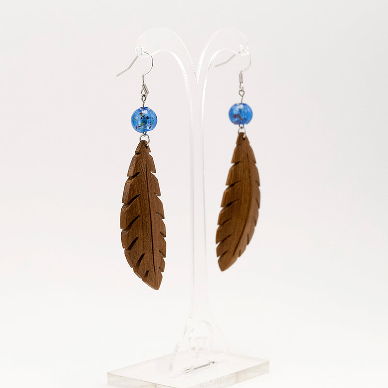 Birgitta. Iroko Leaf Wooden Earrings with Blue murano glass beads A068-3