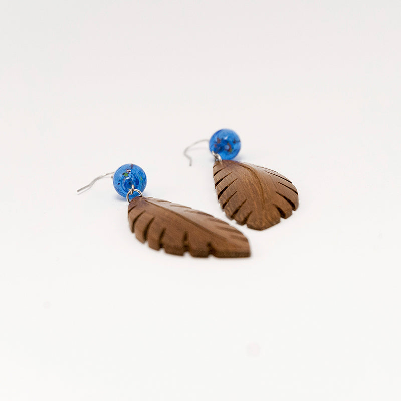 Birgitta. Iroko Leaf Wooden Earrings with Blue murano glass beads A068-3