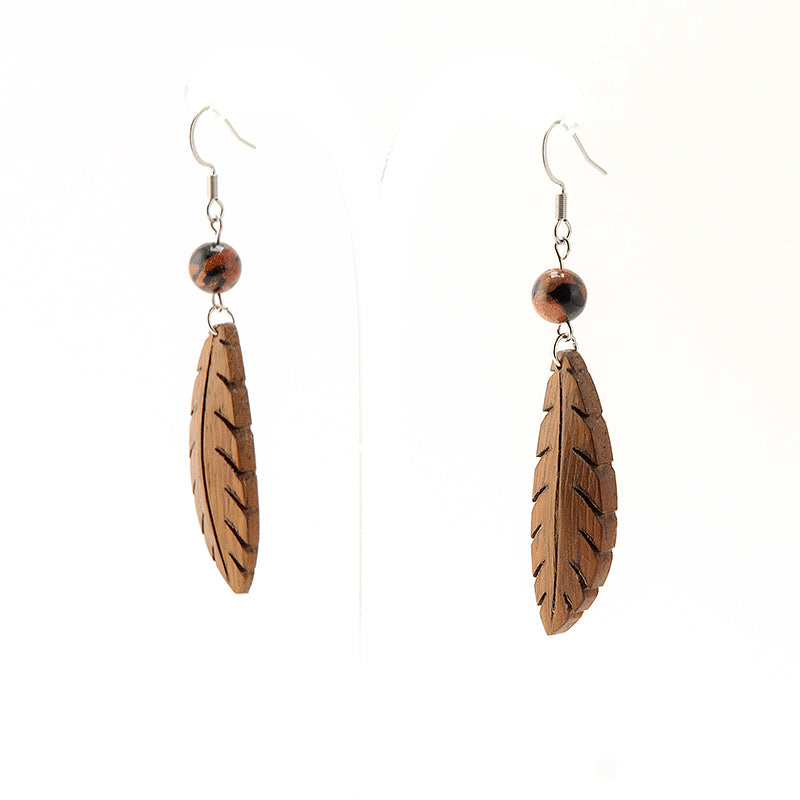 West side. Iroko Leaf Wooden Earrings with Warm Brown iridescent beads A073-1