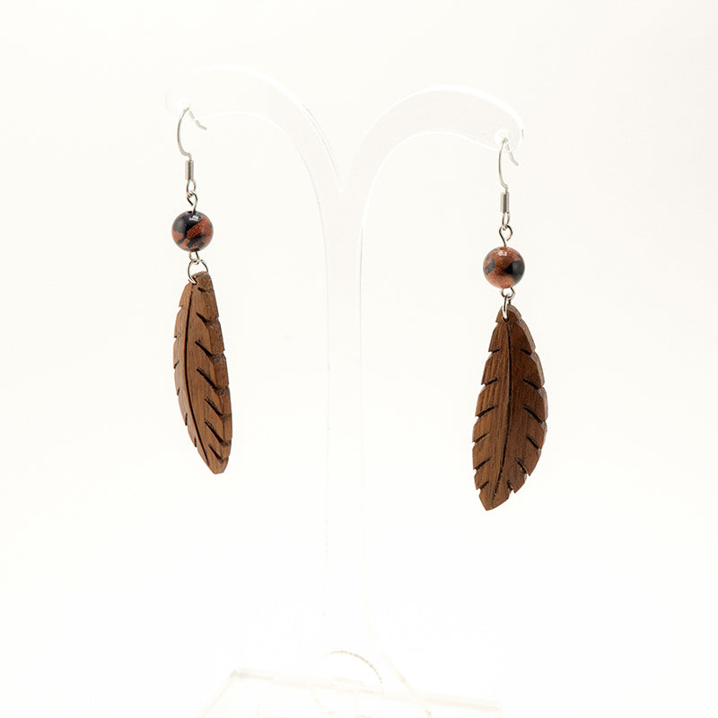 West side. Iroko Leaf Wooden Earrings with Warm Brown iridescent beads A073-1