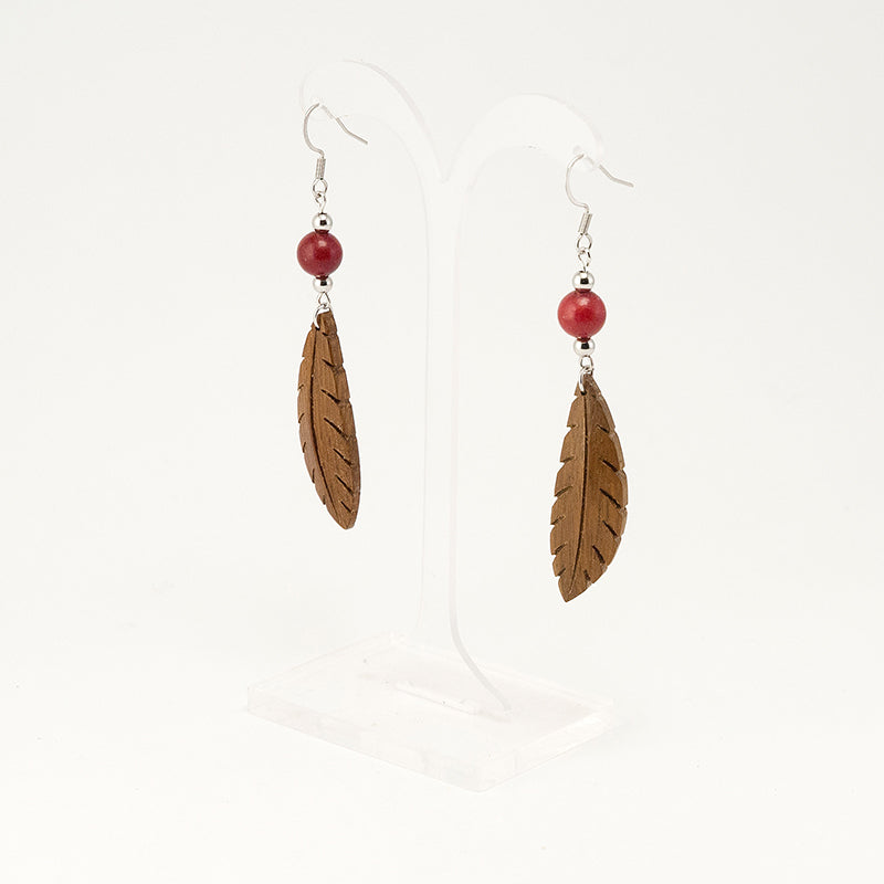 Mehza. Iroko Leaf Wooden Earrings with Red beads  A073-4