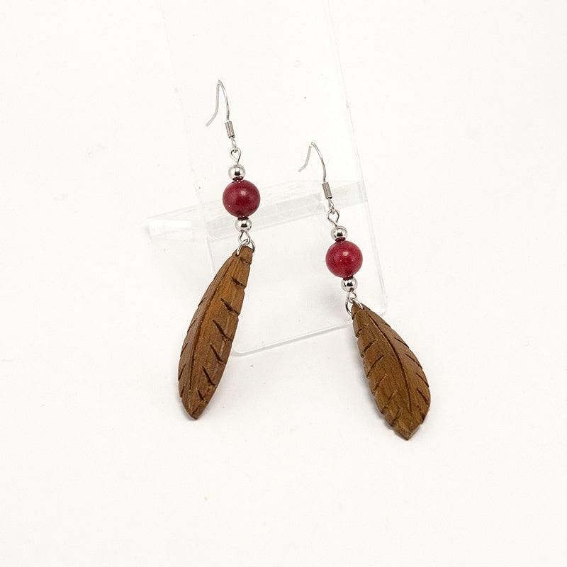 Mehza. Iroko Leaf Wooden Earrings with Red beads  A073-4