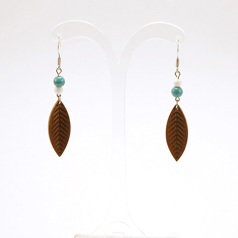 Hannele . Iroko Wooden Earrings, in Leaf Shape with Turquoise beads. A074-4