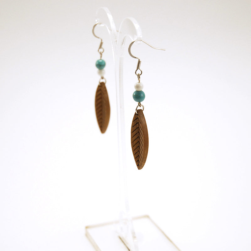 Hannele . Iroko Wooden Earrings, in Leaf Shape with Turquoise beads. A074-4