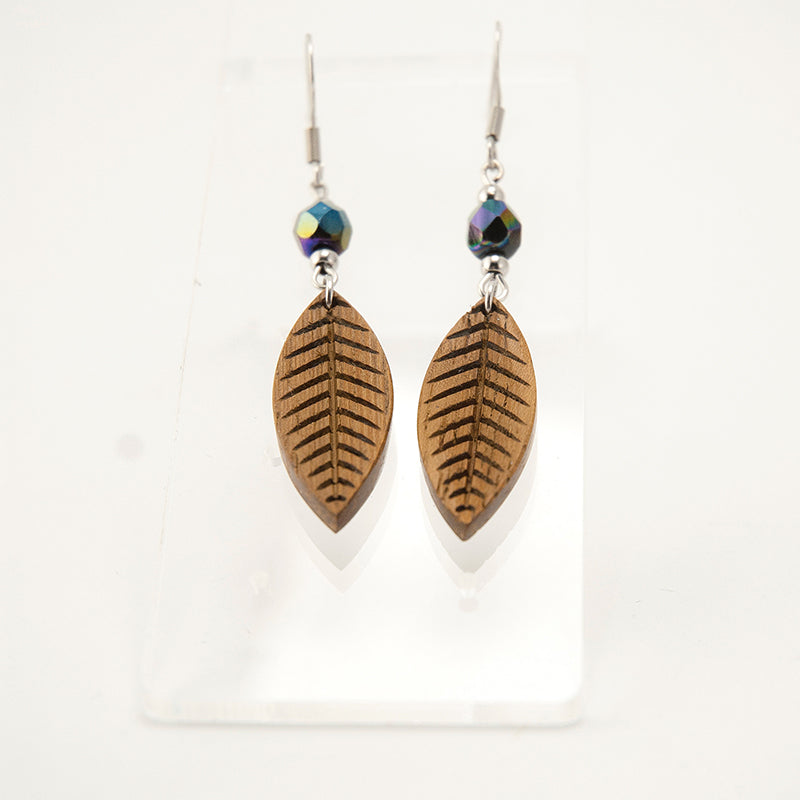 Cocoa. Iroko Leaf Wooden Earrings with Polyhedral Ιridescent beads A074-5