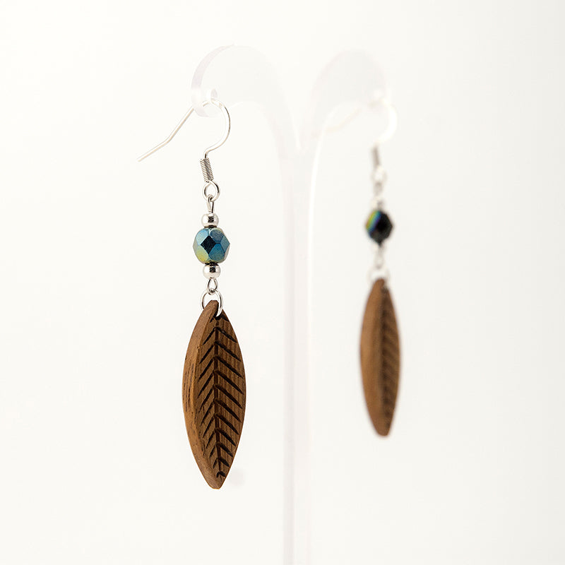 Cocoa. Iroko Leaf Wooden Earrings with Polyhedral Ιridescent beads A074-5