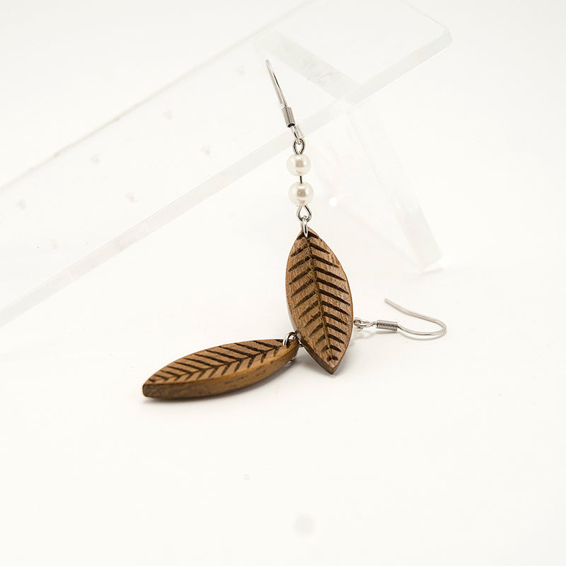 Asaa. Iroko Leaf Wooden Earrings with White pearl beads A074-7