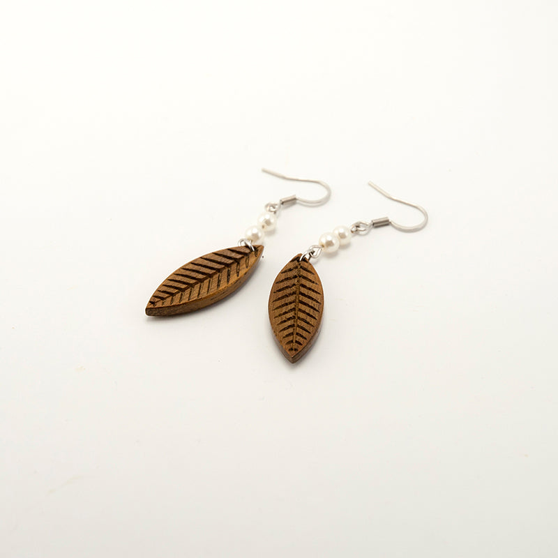 Asaa. Iroko Leaf Wooden Earrings with White pearl beads A074-7