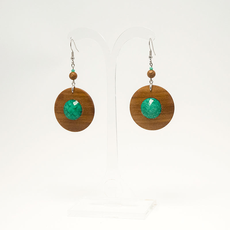 Jere. Doussie Circle Wooden Earrings with  Wood and Green polyhedral faceted beads A075-1