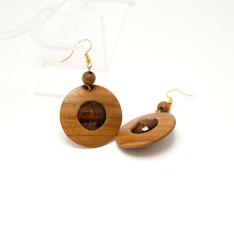 Daire. Doussie Circle Wooden Earrings with  Wood and Brown polyhedral faceted beads A075-2