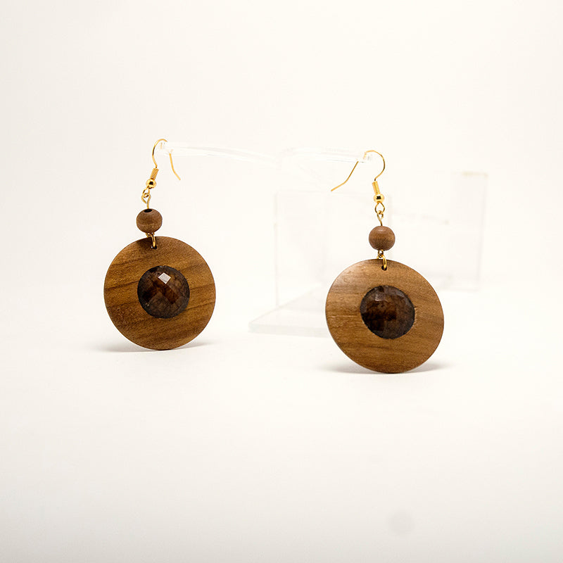 Daire. Doussie Circle Wooden Earrings with  Wood and Brown polyhedral faceted beads A075-2