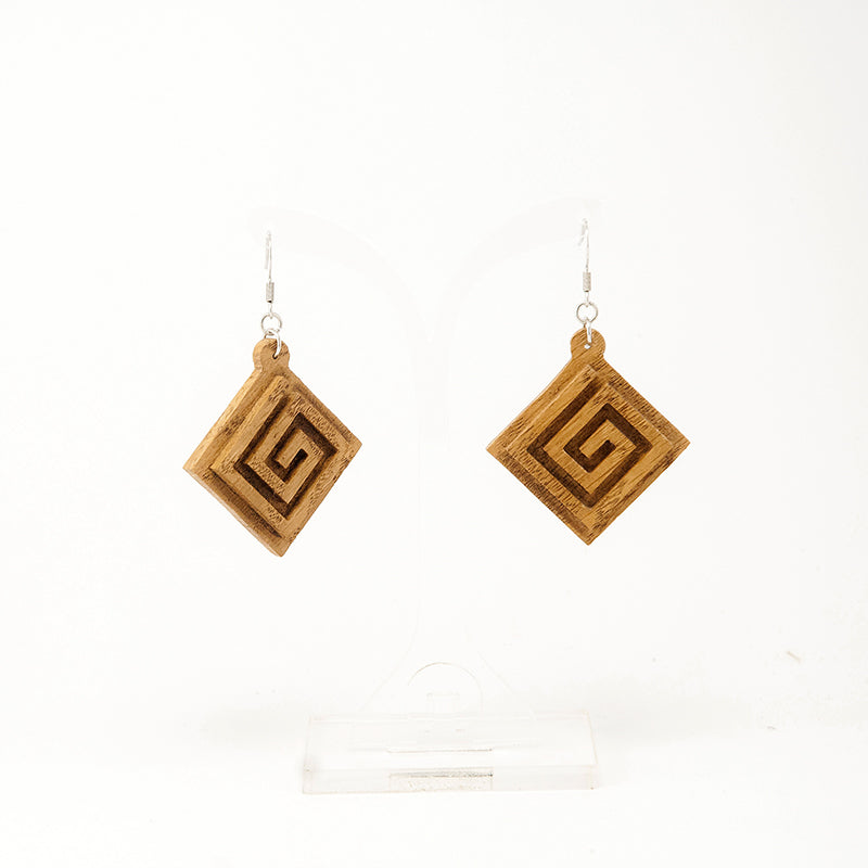 Αspasios Oak Rhombus Wooden Earrings with Greek Engrave meandros A078-1