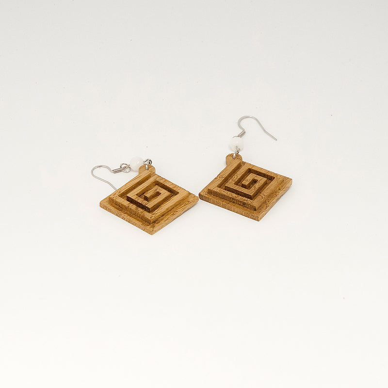 Αspasios Oak Rhombus Wooden Earrings with Greek Engrave meandros A078-1