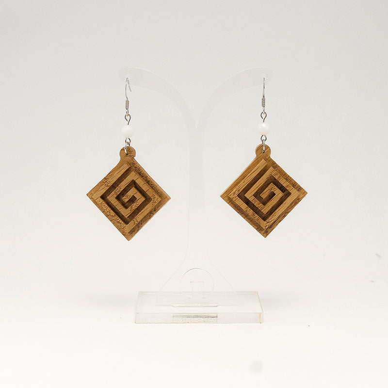 Ayiana. Oak Rhombus Wooden Earrings with Engraved surface Greek Meandros A078-2