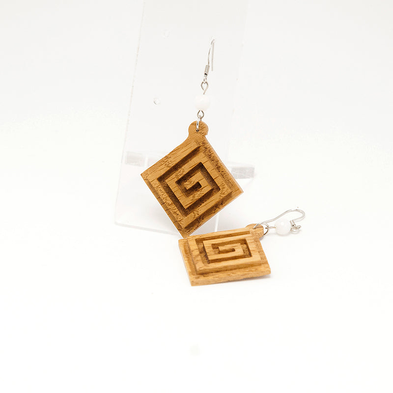 Ayiana. Oak Rhombus Wooden Earrings with Engraved surface Greek Meandros A078-2