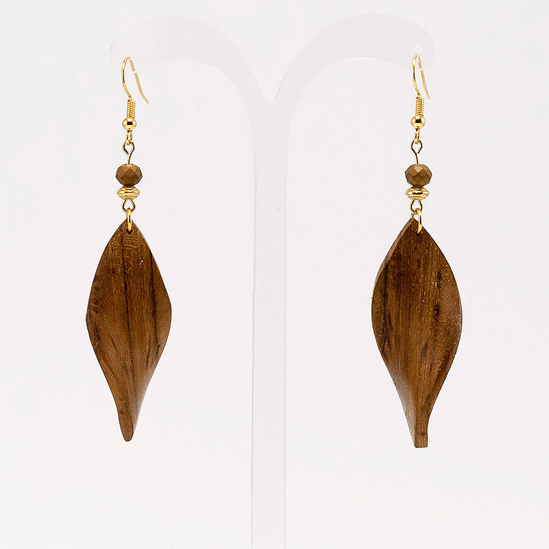 Aluna. Teak Leaf Wooden Earrings with Gold plated Zamak and Brown beads A082-1