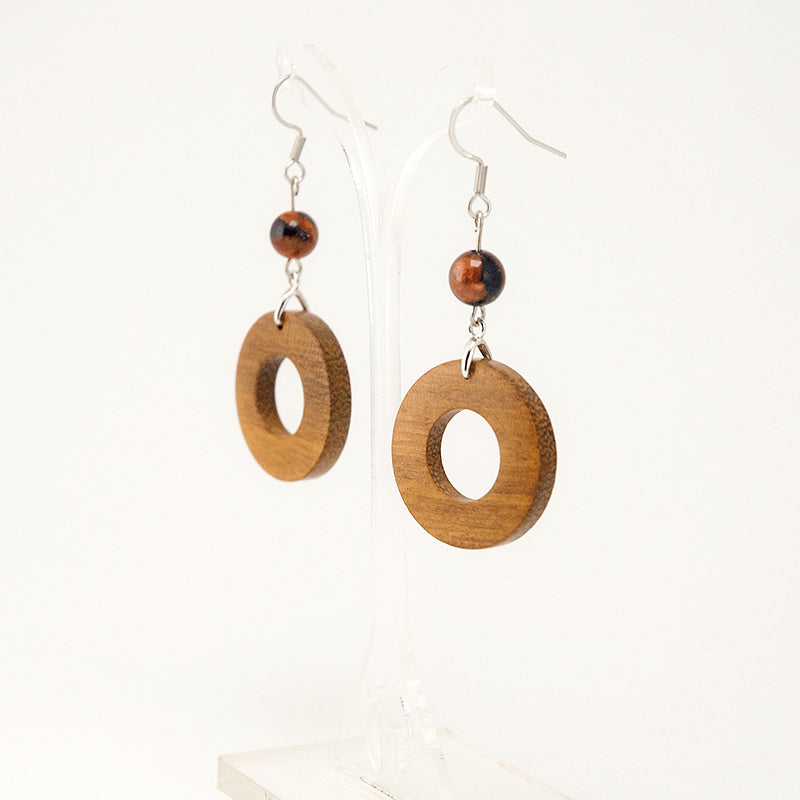 Raphael Iroko Circle Wooden Earrings with Warm Brown iridescent beads  A083-1