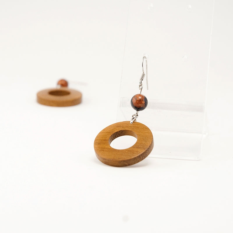 Raphael Iroko Circle Wooden Earrings with Warm Brown iridescent beads  A083-1