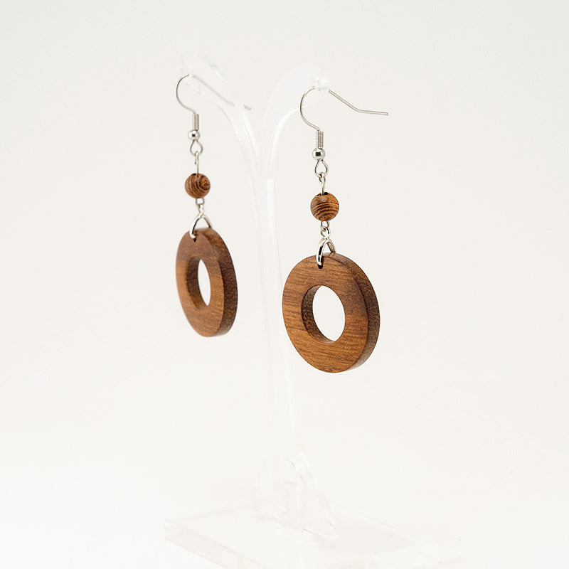 Kamara. Iroko Circle Wooden Earrings with  Brown beads A083-2