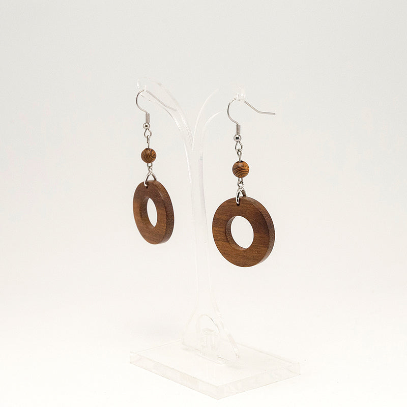 Kamara. Iroko Circle Wooden Earrings with  Brown beads A083-2