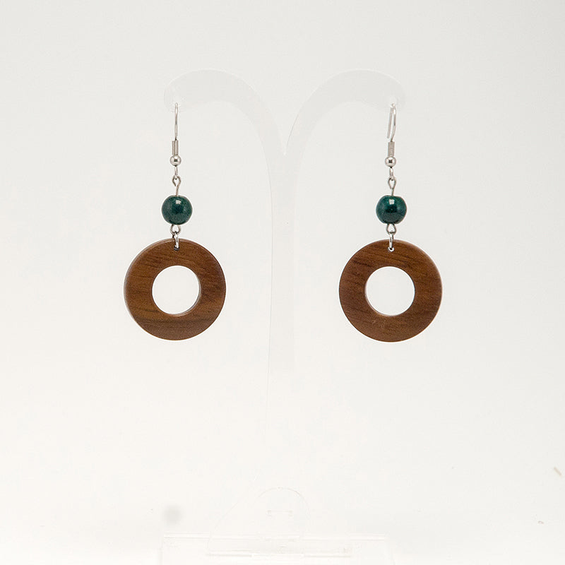 Lera. Iroko Circle Wooden Earrings with Dark green beads A083-3