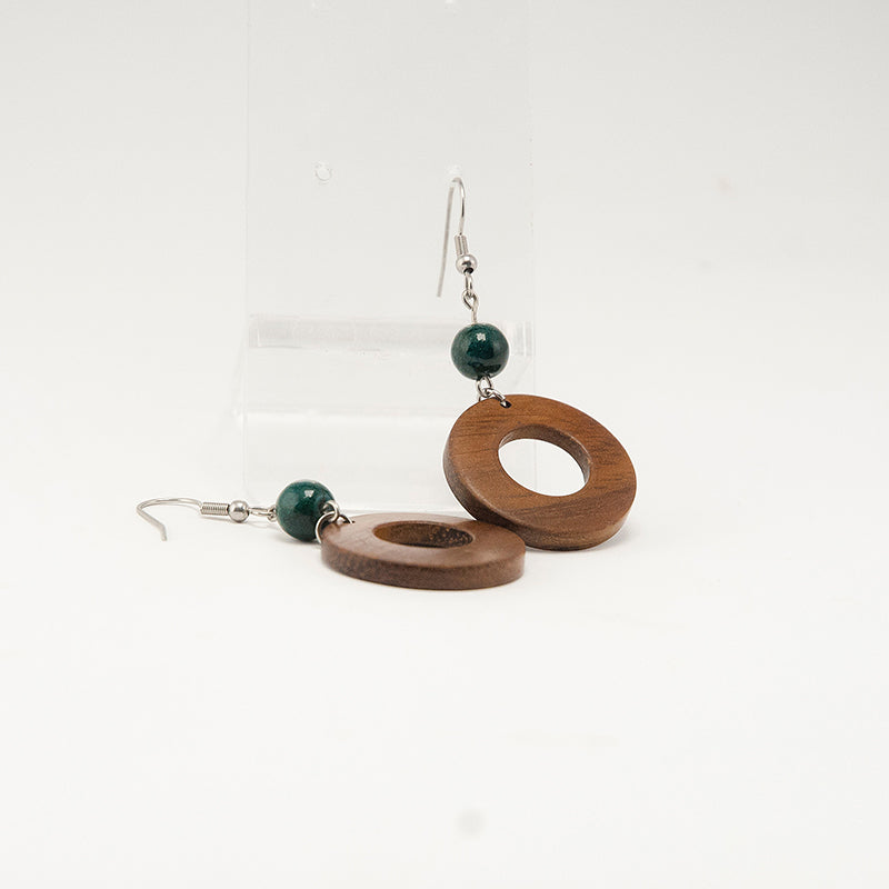 Lera. Iroko Circle Wooden Earrings with Dark green beads A083-3