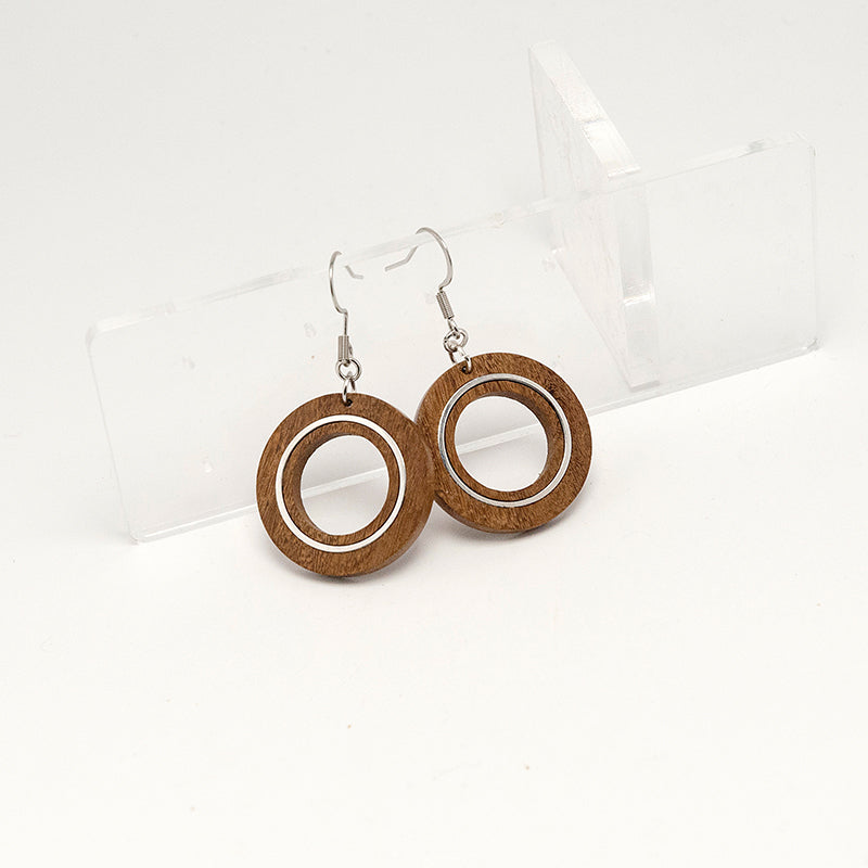 Gropius. Iroko Hoop Wooden Earrings with metal ring inlay A086-1