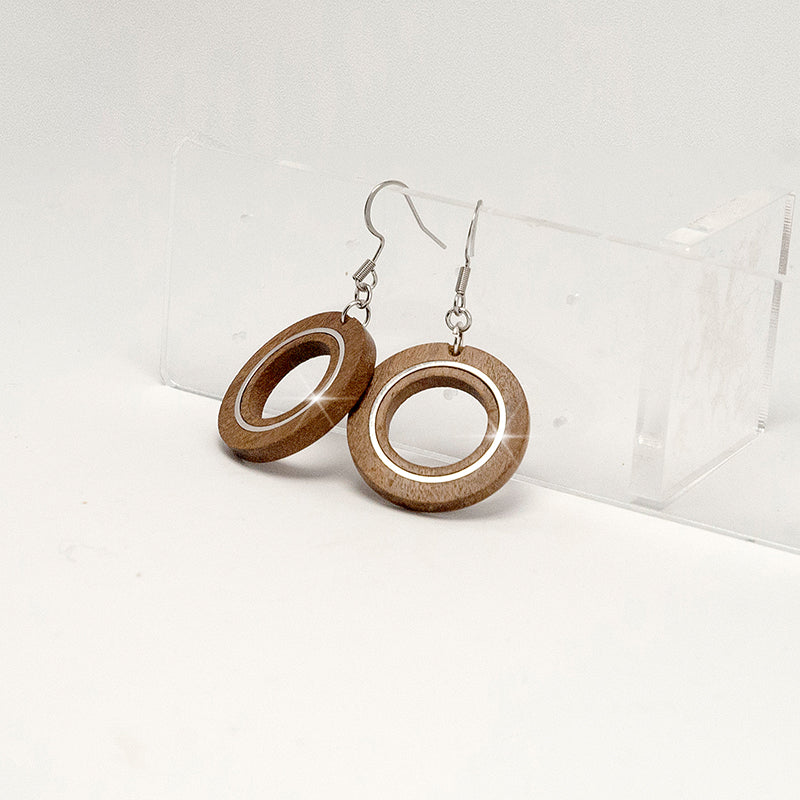 Gropius. Iroko Hoop Wooden Earrings with metal ring inlay A086-1