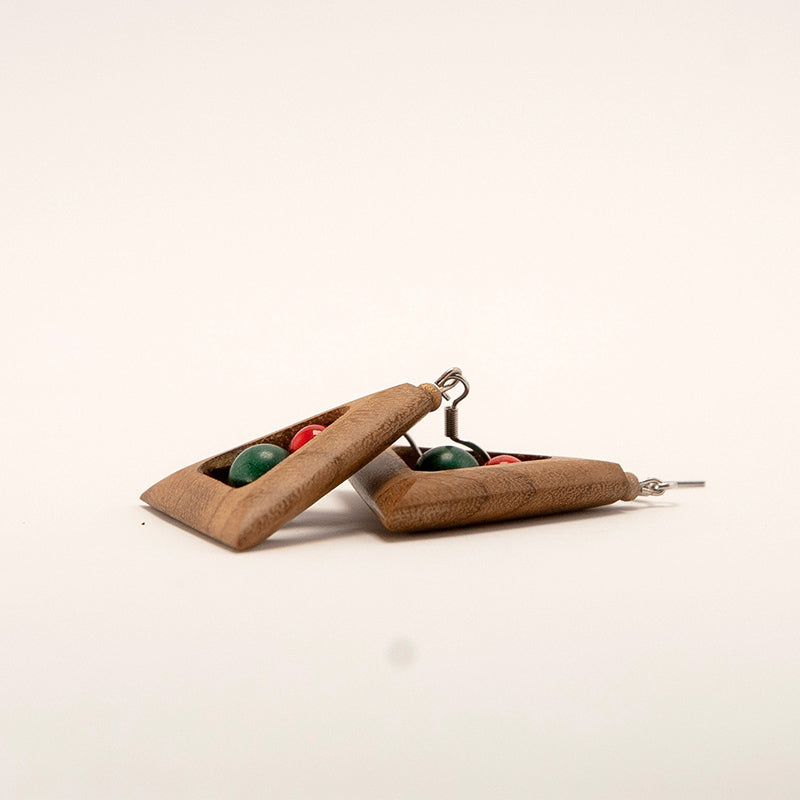 Bolade. Doussie Triangle Wooden Earrings with Red and green beads A098-1