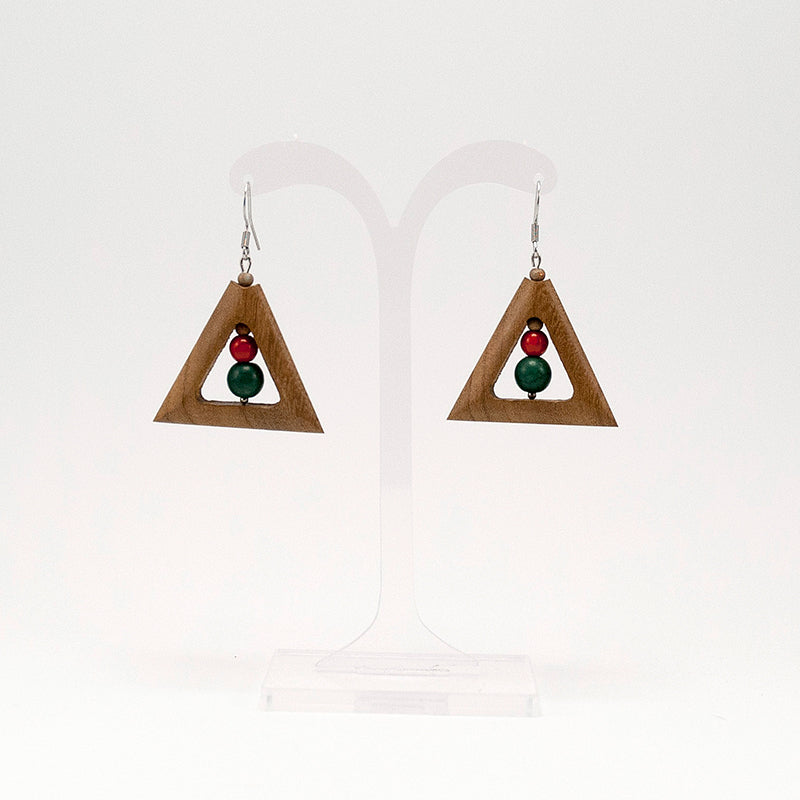 Bolade. Doussie Triangle Wooden Earrings with Red and green beads A098-1