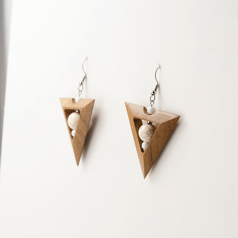 Eye of Horus. Doussie Triangle Wooden Earrings with White Howlite beats A100-1