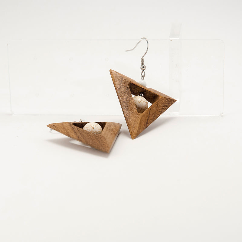 Eye of Horus. Doussie Triangle Wooden Earrings with White Howlite beats A100-1