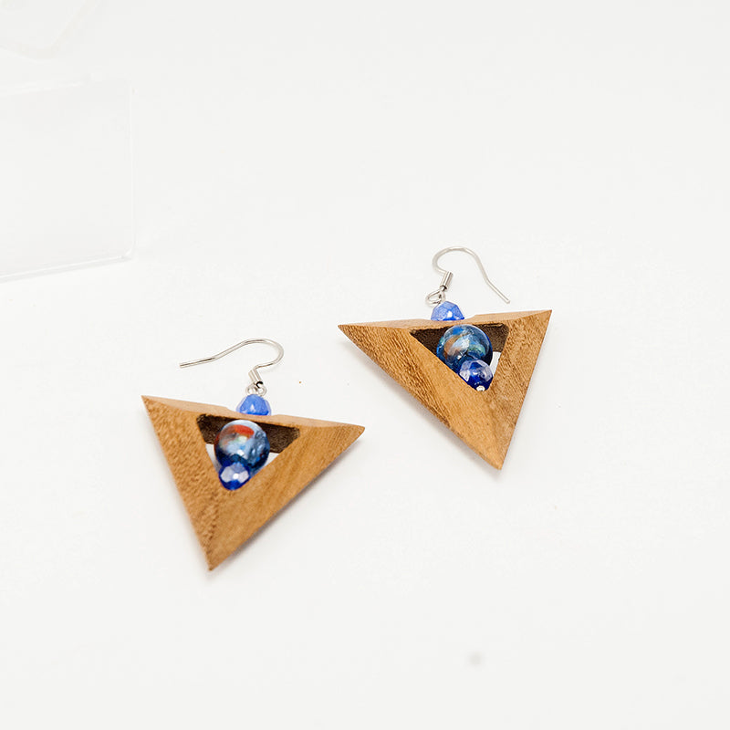 Ashiya. Doussie Triangle Wooden Earrings with  Blue polyhedral crystal beads A100-2