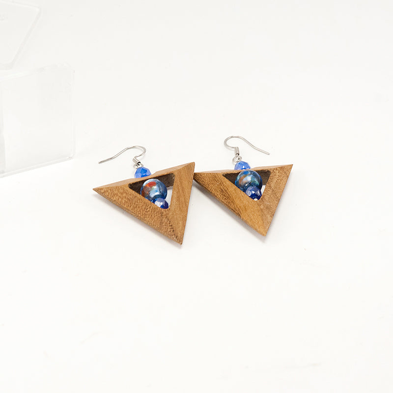 Ashiya. Doussie Triangle Wooden Earrings with  Blue polyhedral crystal beads A100-2