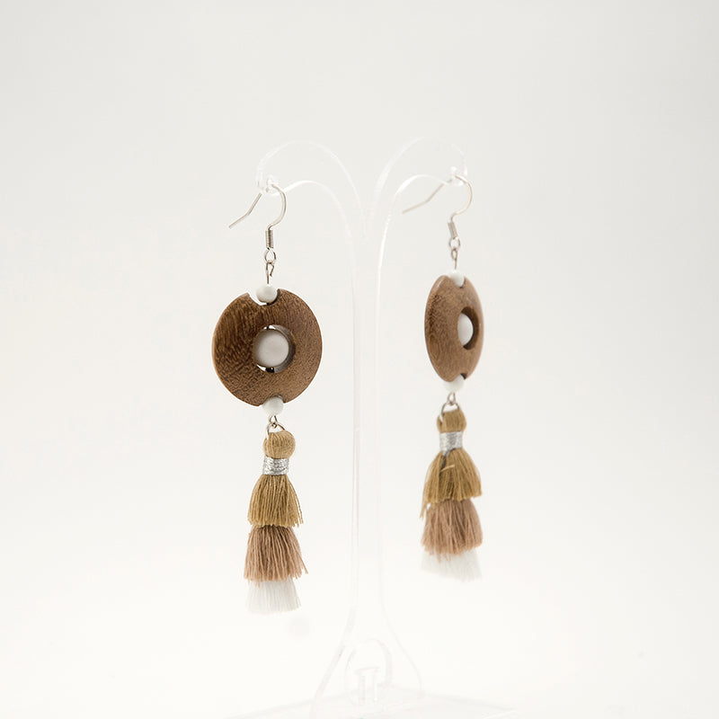 Penelope. Doussie Discus Wooden Earrings with White Howlite beats and Earth tones tassels A104-1