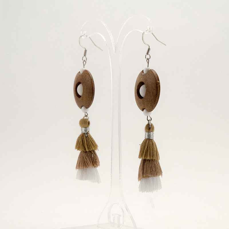 Penelope. Doussie Discus Wooden Earrings with White Howlite beats and Earth tones tassels A104-1