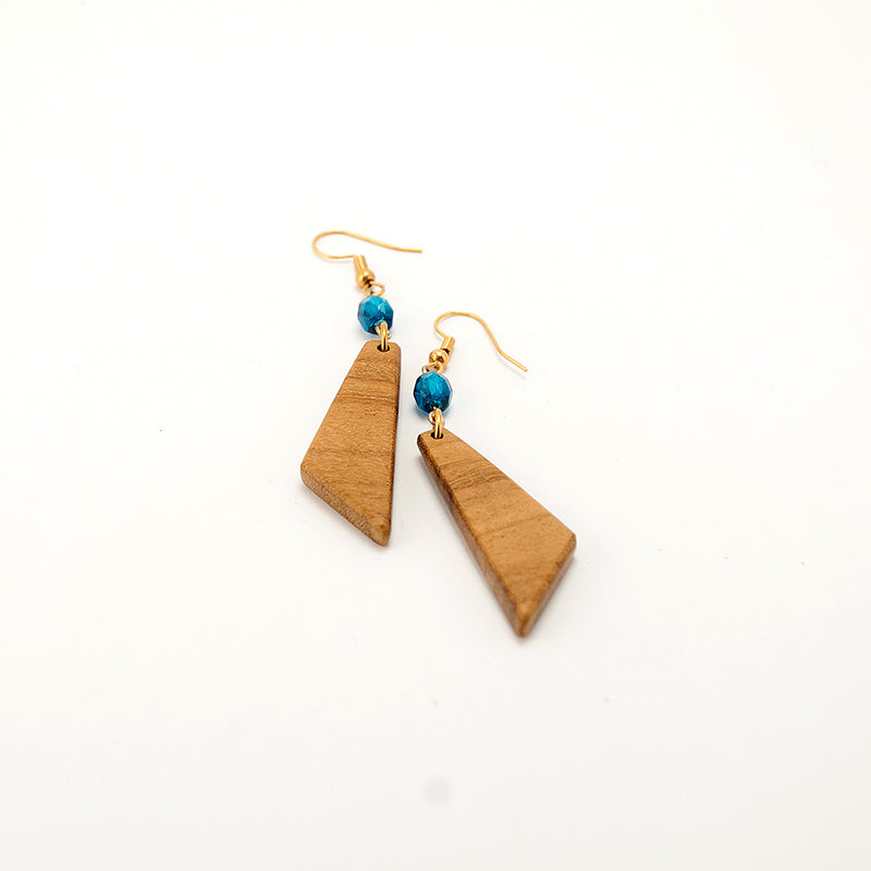 Maja. Doussie Triangle Wooden Earrings with Blue polyhedral crystal beads A106-1