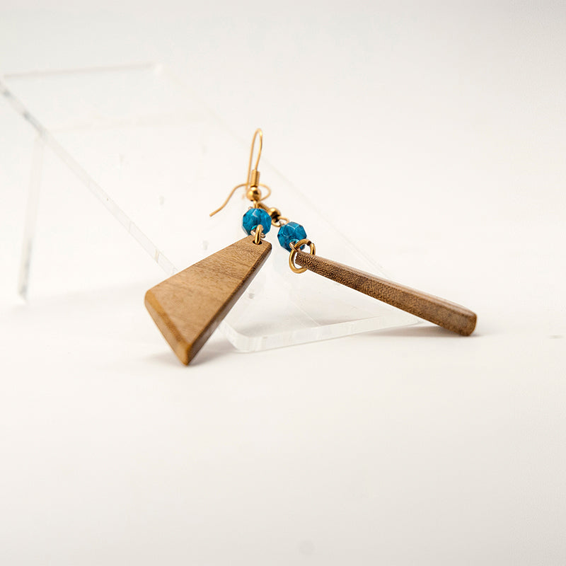 Maja. Doussie Triangle Wooden Earrings with Blue polyhedral crystal beads A106-1