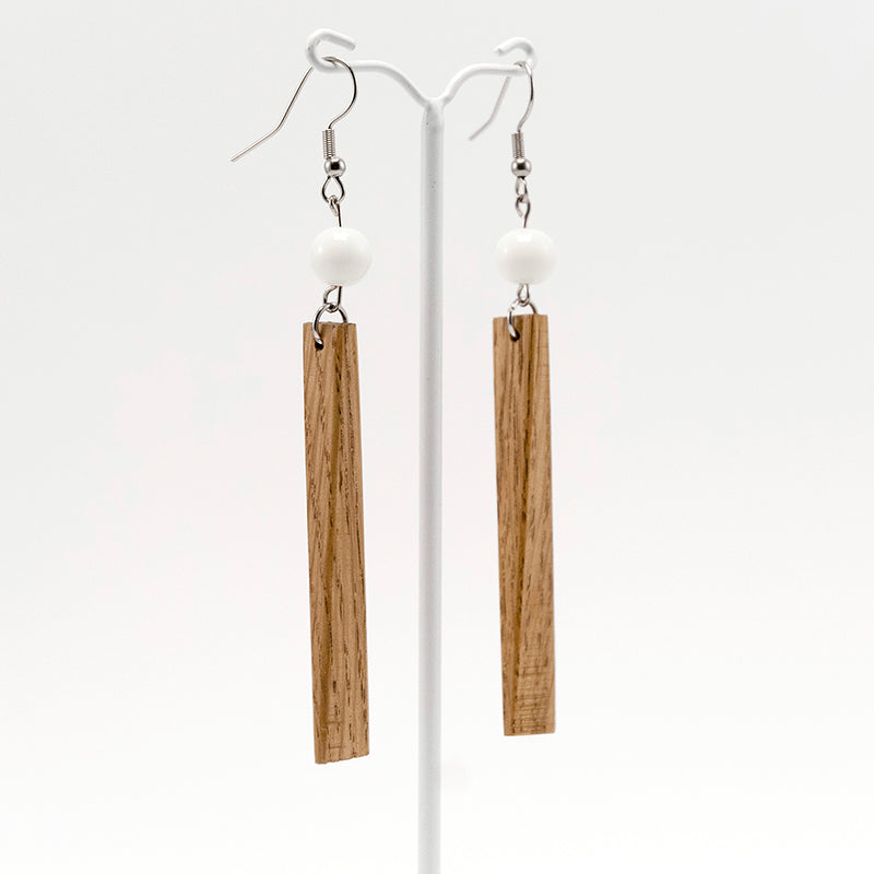 Ariane. Oak Stick Wooden Earrings with White beats A108-1