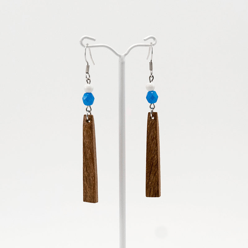 Bogna. Iroko Stick Wooden Earrings with Blue and White beads A109-1