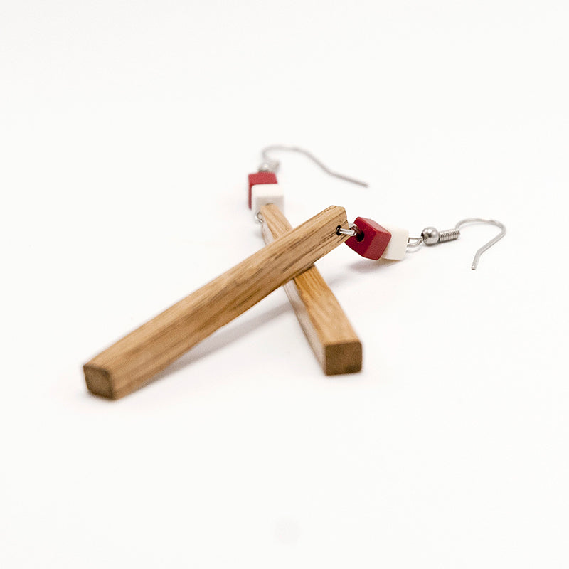 Brigitte. Oak Stick Wooden Earrings with Red and white Cube Beads A110-1