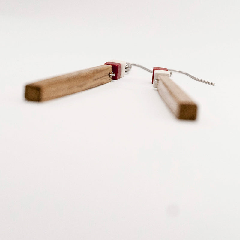 Brigitte. Oak Stick Wooden Earrings with Red and white Cube Beads A110-1