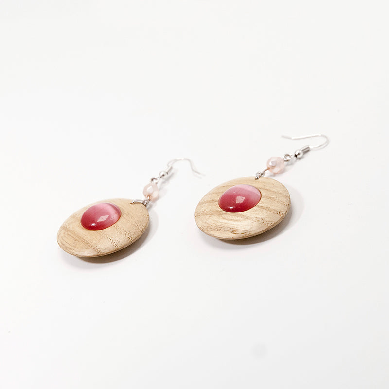 Karin. Oak Circle Wooden Earrings with Cats Eye Stone Beads Cabochons A111-1