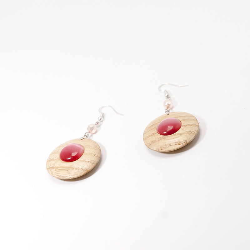 Karin. Oak Circle Wooden Earrings with Cats Eye Stone Beads Cabochons A111-1